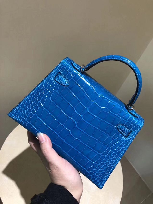 Top hermes 100% genuine crocodile leather mini kelly bag K0019 blue