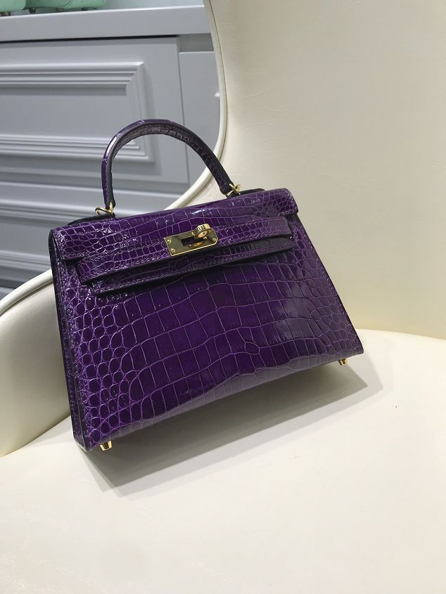 Top hermes 100% genuine crocodile leather mini kelly bag K0019 purple