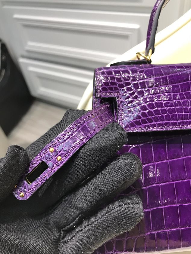 Top hermes 100% genuine crocodile leather mini kelly bag K0019 purple