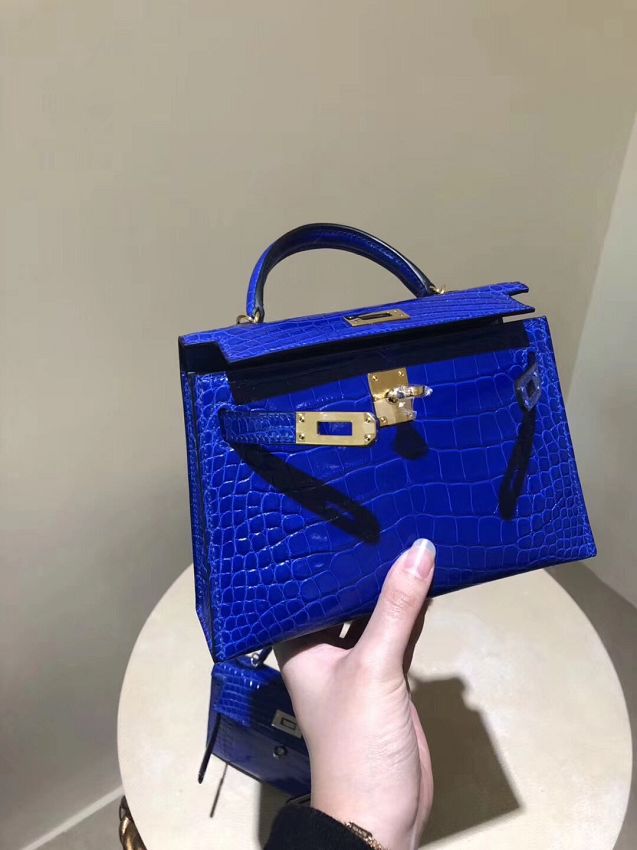 Top hermes 100% genuine crocodile leather mini kelly bag K0019 royal blue