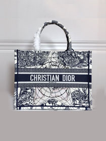Dior original canvas medium book tote oblique bag M1296 dark blue&white
