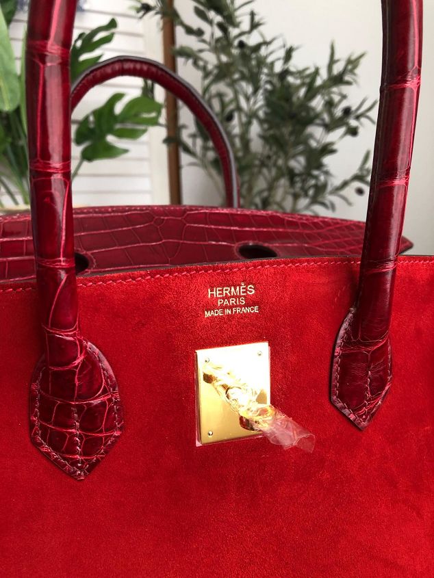 Hermes handmade original crocodile leather&suede birkin 35 bag H3500 red