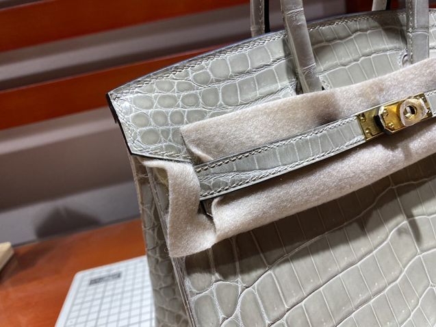 Top hermes genuine 100% crocodile leather handmade birkin 35 bag K350 light grey