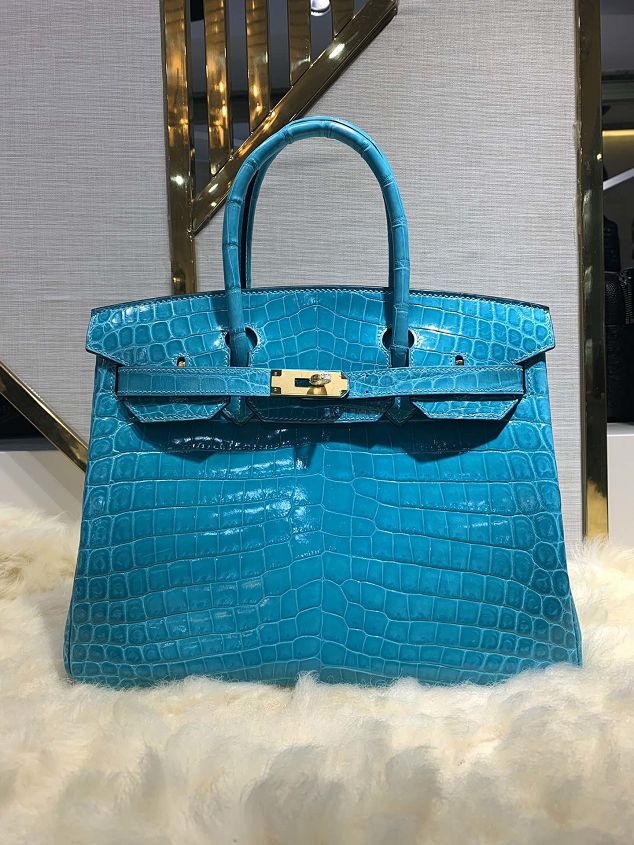 Top hermes genuine 100% crocodile leather handmade birkin 35 bag K350 blue du nord 