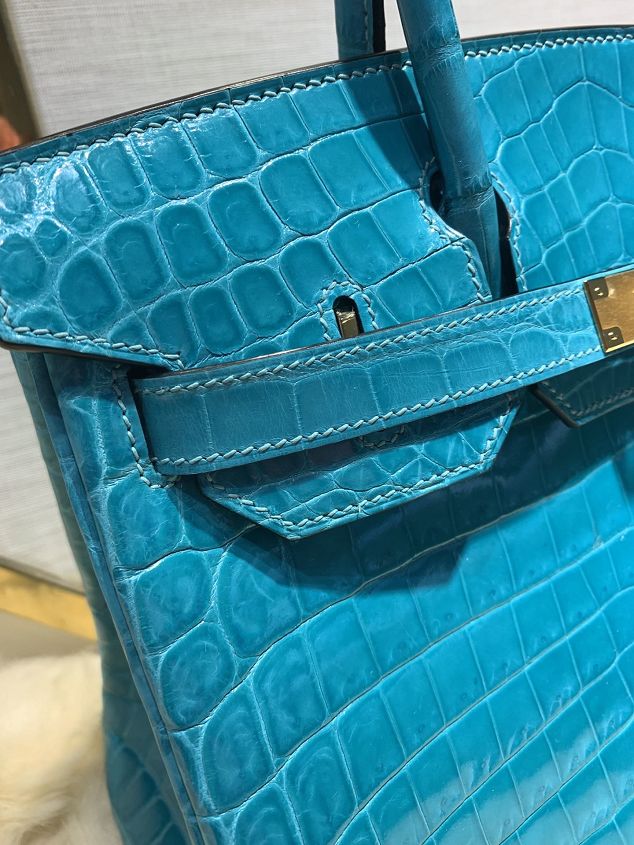 Top hermes genuine 100% crocodile leather handmade birkin 35 bag K350 blue du nord 