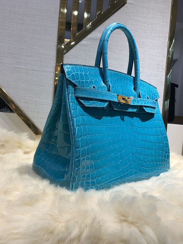 Top hermes genuine 100% crocodile leather handmade birkin 35 bag K350 blue du nord 