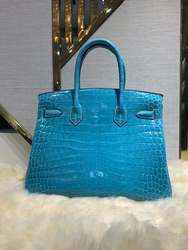 Top hermes genuine 100% crocodile leather handmade birkin 35 bag K350 blue du nord 