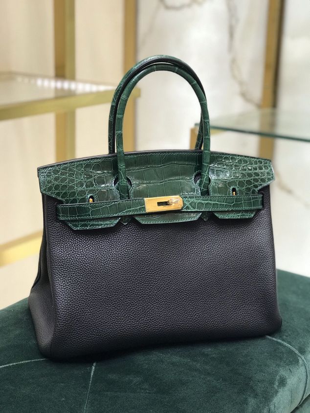 Hermes handmade original crocodile leather&calfskin birkin bag BK0035 black&green