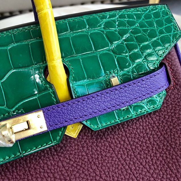 Hermes handmade original crocodile leather&calfskin birkin bag BK0035 bordeaux&green