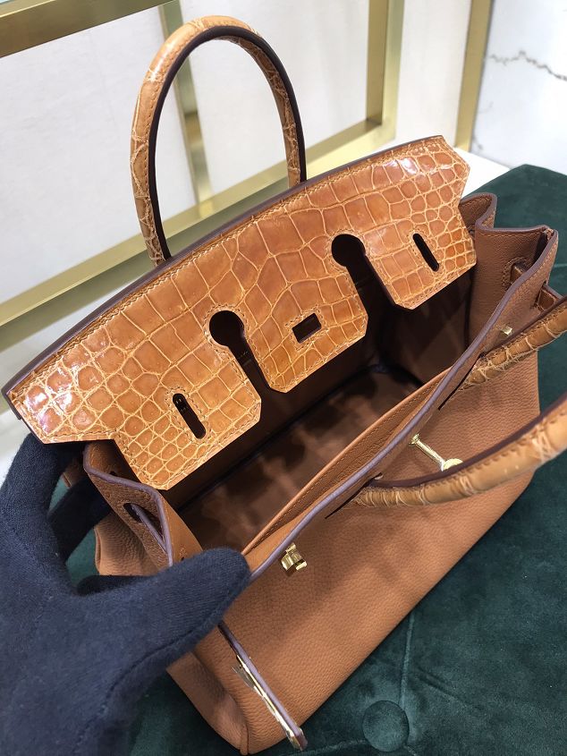 Hermes handmade original crocodile leather&calfskin birkin bag BK0035 brown