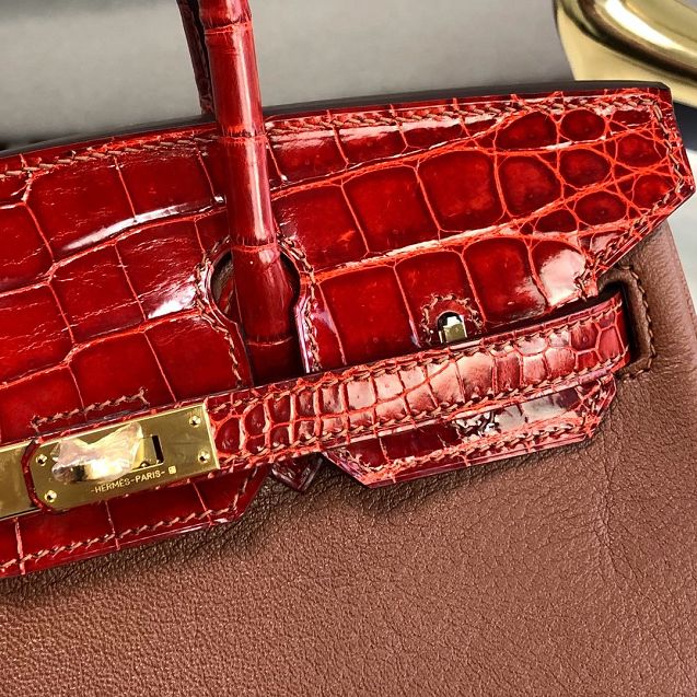 Hermes handmade original crocodile leather&calfskin birkin bag BK0035 brown&red