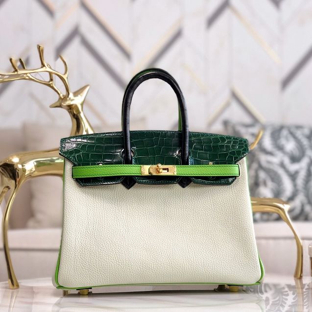 Hermes handmade original crocodile leather&calfskin birkin bag BK0035 white&green