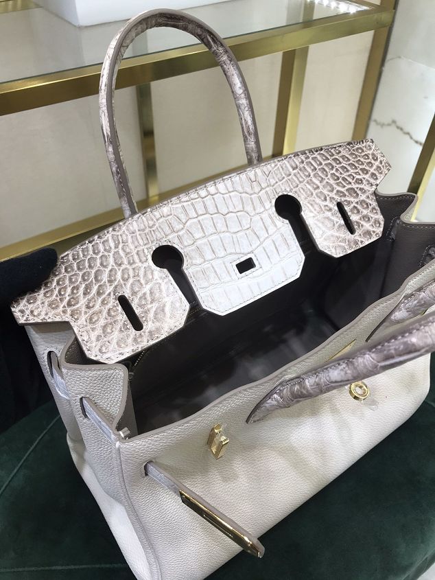 Hermes handmade original crocodile leather&calfskin birkin bag BK0035 white&grey