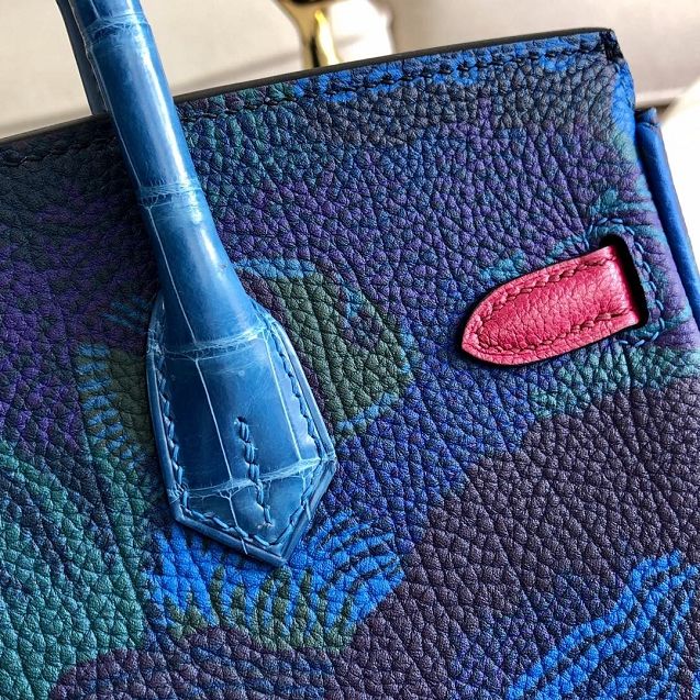 Hermes handmade original crocodile leather&calfskin birkin bag BK0036 black&blue