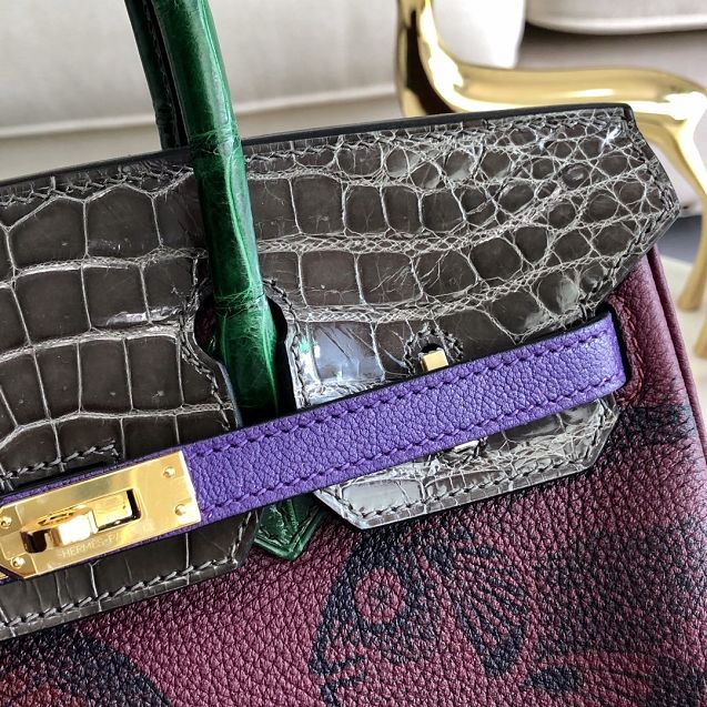 Hermes handmade original crocodile leather&calfskin birkin bag BK0036 green&bordeaux