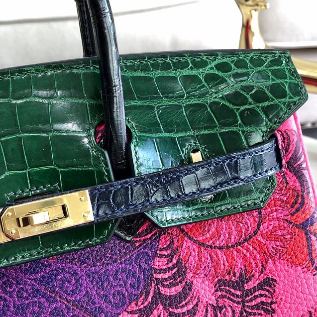 Hermes handmade original crocodile leather&calfskin birkin bag BK0036 green&rose red