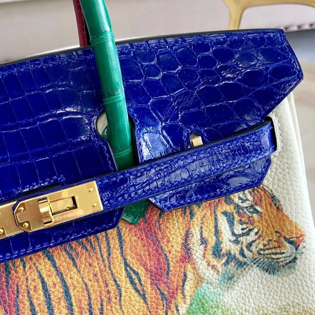 Hermes handmade original crocodile leather&calfskin birkin bag BK0036 white&blue