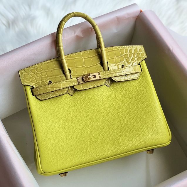 Hermes handmade original crocodile leather&calfskin birkin bag BK0035 yellow