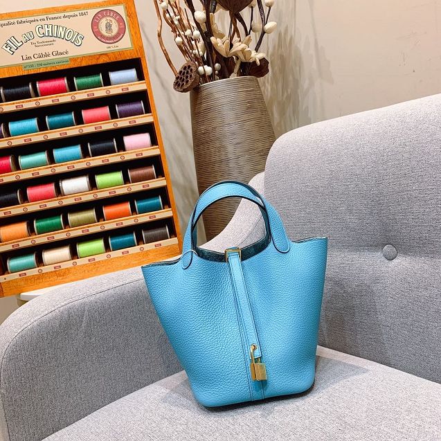 Hermes original togo leather small picotin lock bag HP0018 blue du nord 