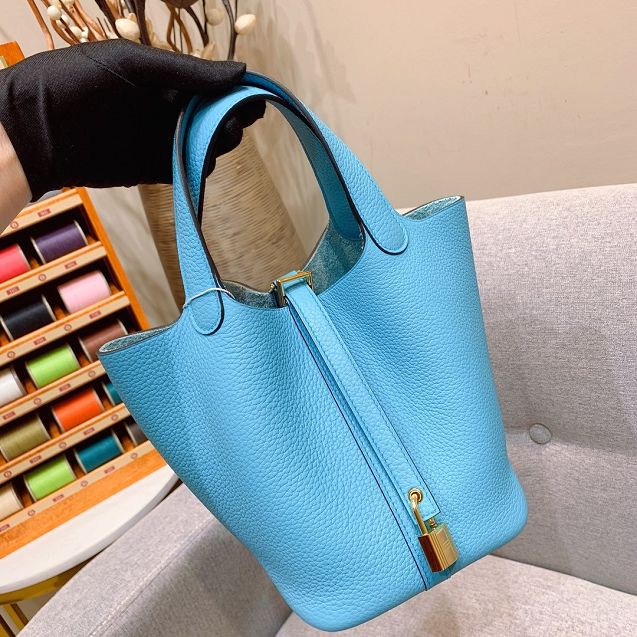 Hermes original togo leather small picotin lock bag HP0018 blue du nord 