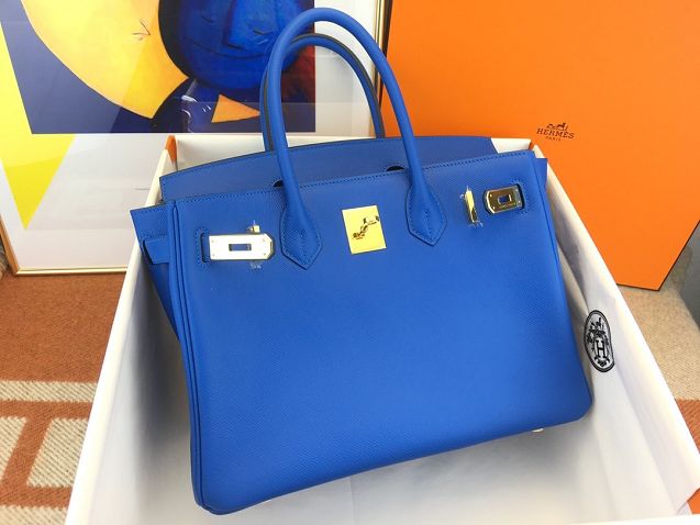 Hermes original epsom leather birkin 30 bag H30-3 blue hydra