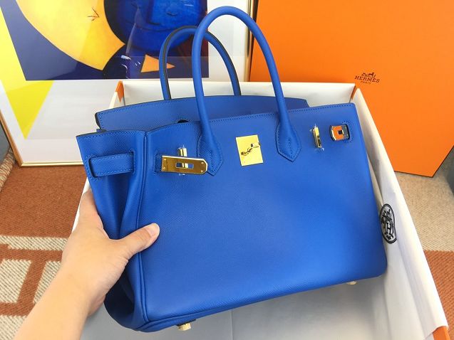 Hermes original epsom leather birkin 30 bag H30-3 blue hydra