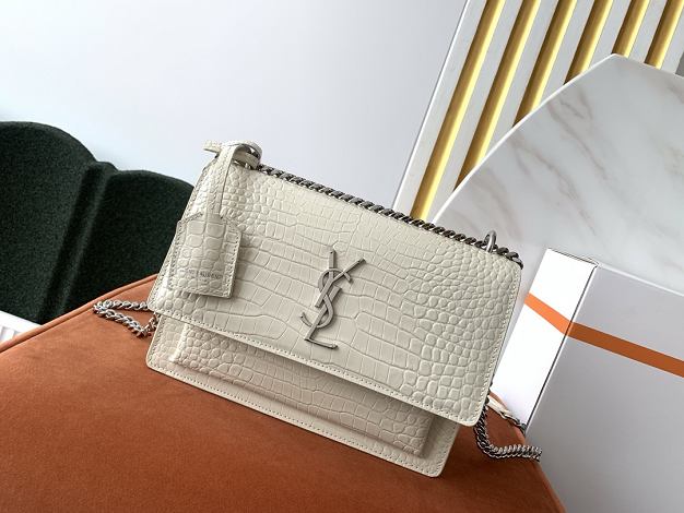 YSL original crocodile calfskin medium sunset bag 442906 white