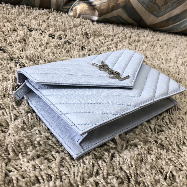 YSL original grained calfskin envelope small wallet on chain 393953 light blue