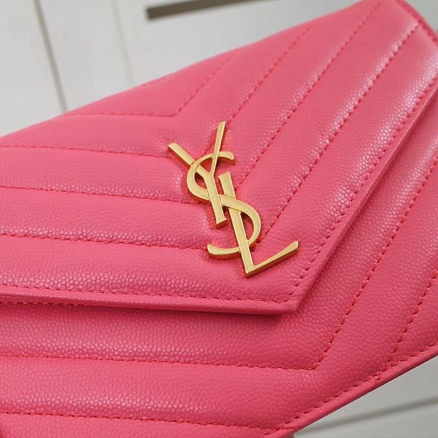 YSL original grained calfskin envelope small wallet on chain 393953 pink