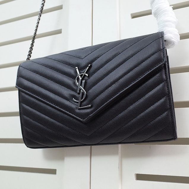 YSL original grained calfskin envelope wallet on chain 360452 black