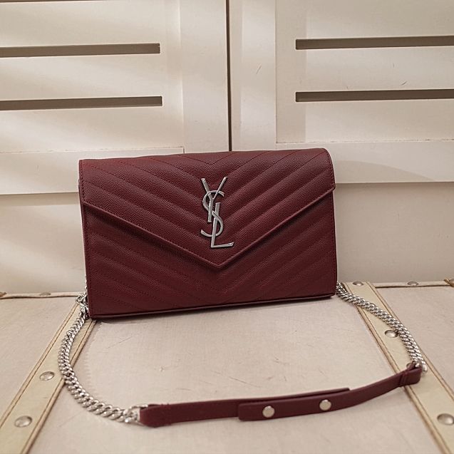 YSL original grained calfskin envelope wallet on chain 360452 bordeaux