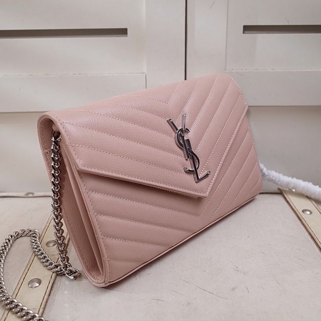 YSL original grained calfskin envelope wallet on chain 360452 pink