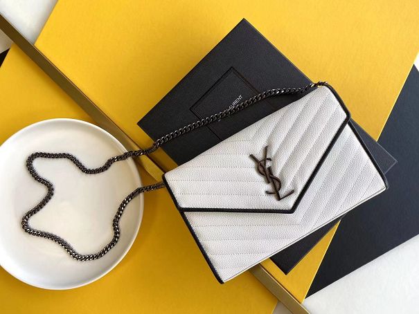 YSL original grained calfskin envelope wallet on chain 360452 white&black