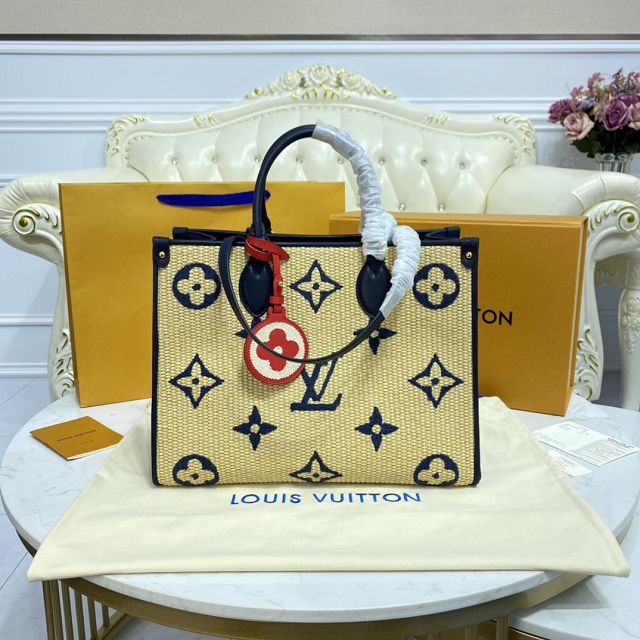 Louis vuitton original monogram raffia onthego mm M57723 navy blue