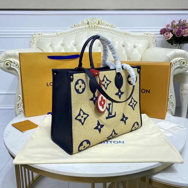 Louis vuitton original monogram raffia onthego mm M57723 navy blue