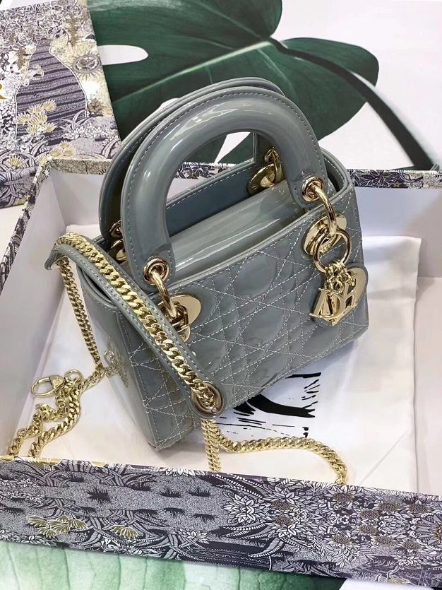 Dior original patent calfskin mini lady bag M0505 grey