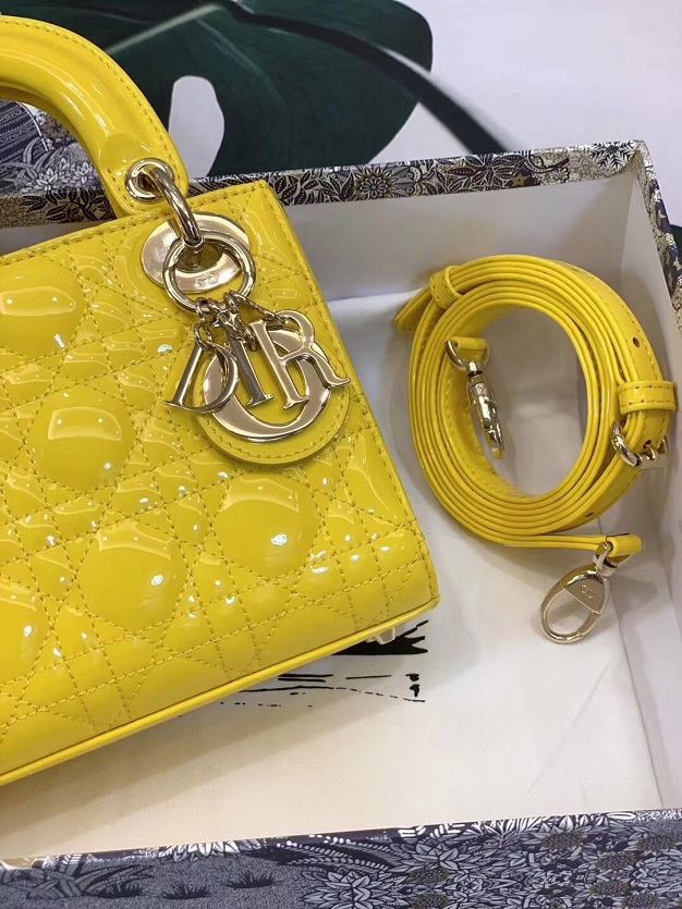 Dior original patent calfskin mini lady bag M0505 yellow