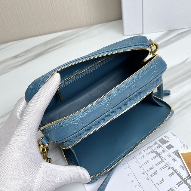 Dior original calfskin caro double pouch S5037 steel blue