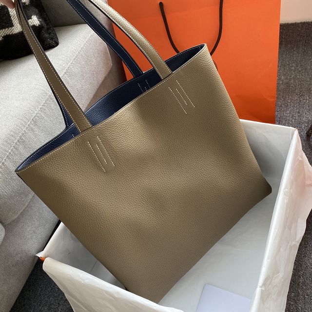 Hermes original calfskin reversible shoping bag K0298 navy blue&grey