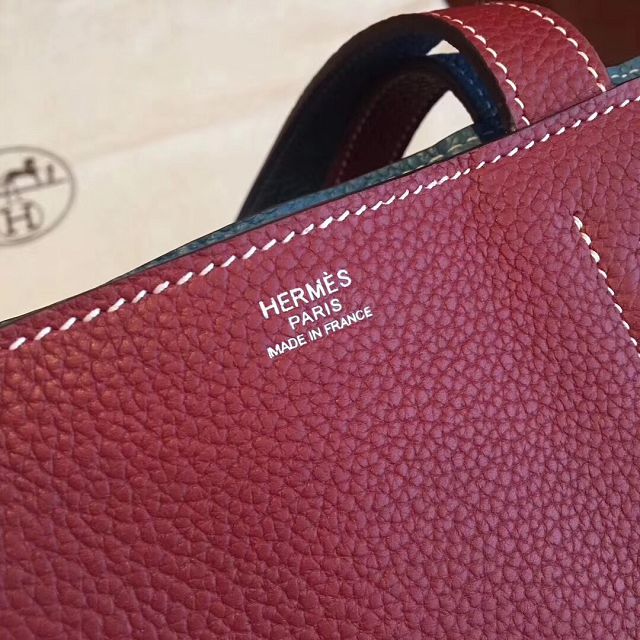 Hermes original calfskin reversible shoping bag K0298 blue&bordeaux