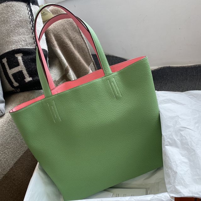 Hermes original calfskin reversible shoping bag K0298 green&pink