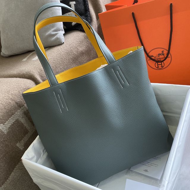 Hermes original calfskin reversible shoping bag K0298 yellow&light blue