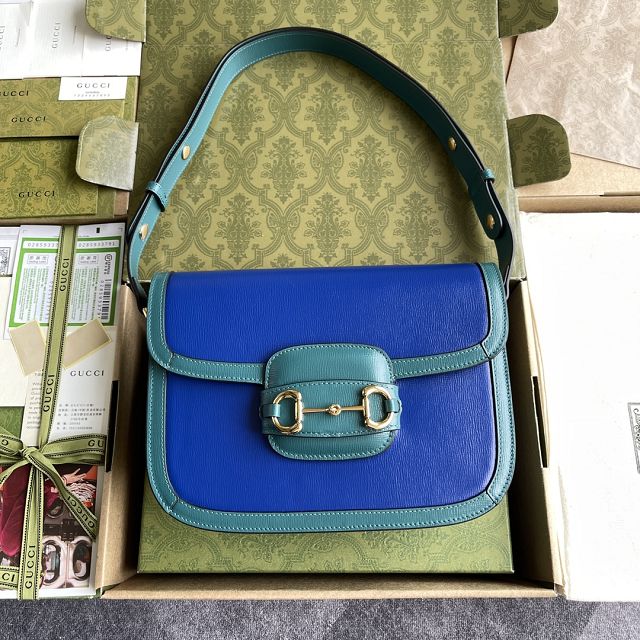 Top GG original calfskin 1955 horsebit shoulder bag 602204 blue