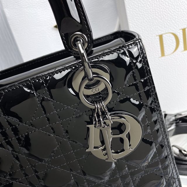 Dior original patent calfskin medium lady dior bag M0565-2 black