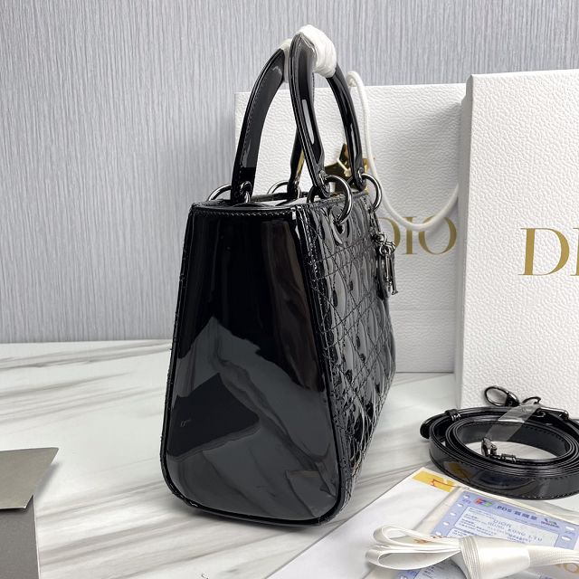 Dior original patent calfskin medium lady dior bag M0565-2 black