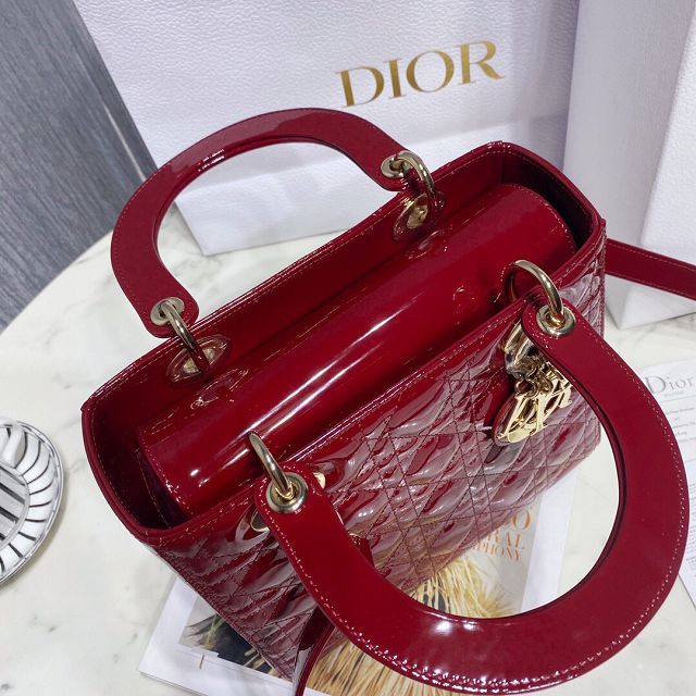 Dior original patent calfskin medium lady dior bag M0565-2 red