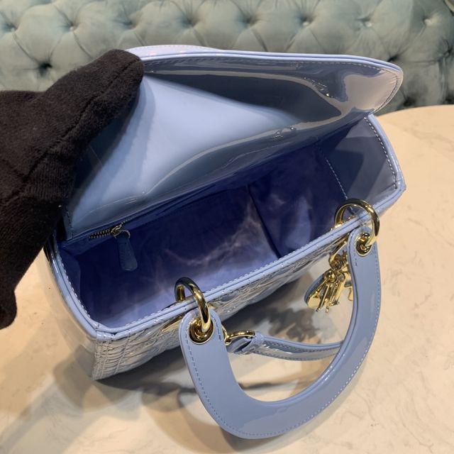 Dior original patent calfskin medium lady dior bag M0565-2 blue