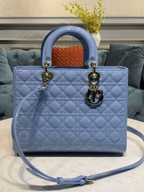 Dior original patent calfskin large lady dior bag M0566 blue