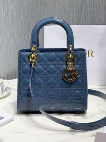 Dior original patent calfskin medium lady dior bag M0565-2 blue