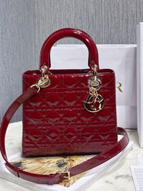 Dior original patent calfskin medium lady dior bag M0565-2 red
